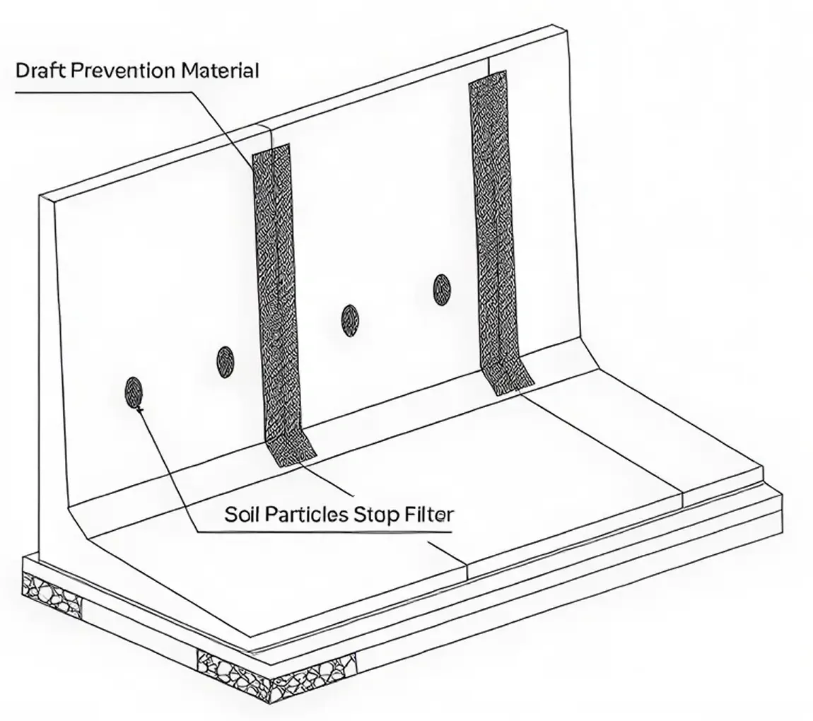 Typical foundation detail (isometric, soil/heel side): adjacent units on a continuous foundation, with draft prevention material strips over the joints between units and a soil particles stop filter (its leader points to a draining hole).