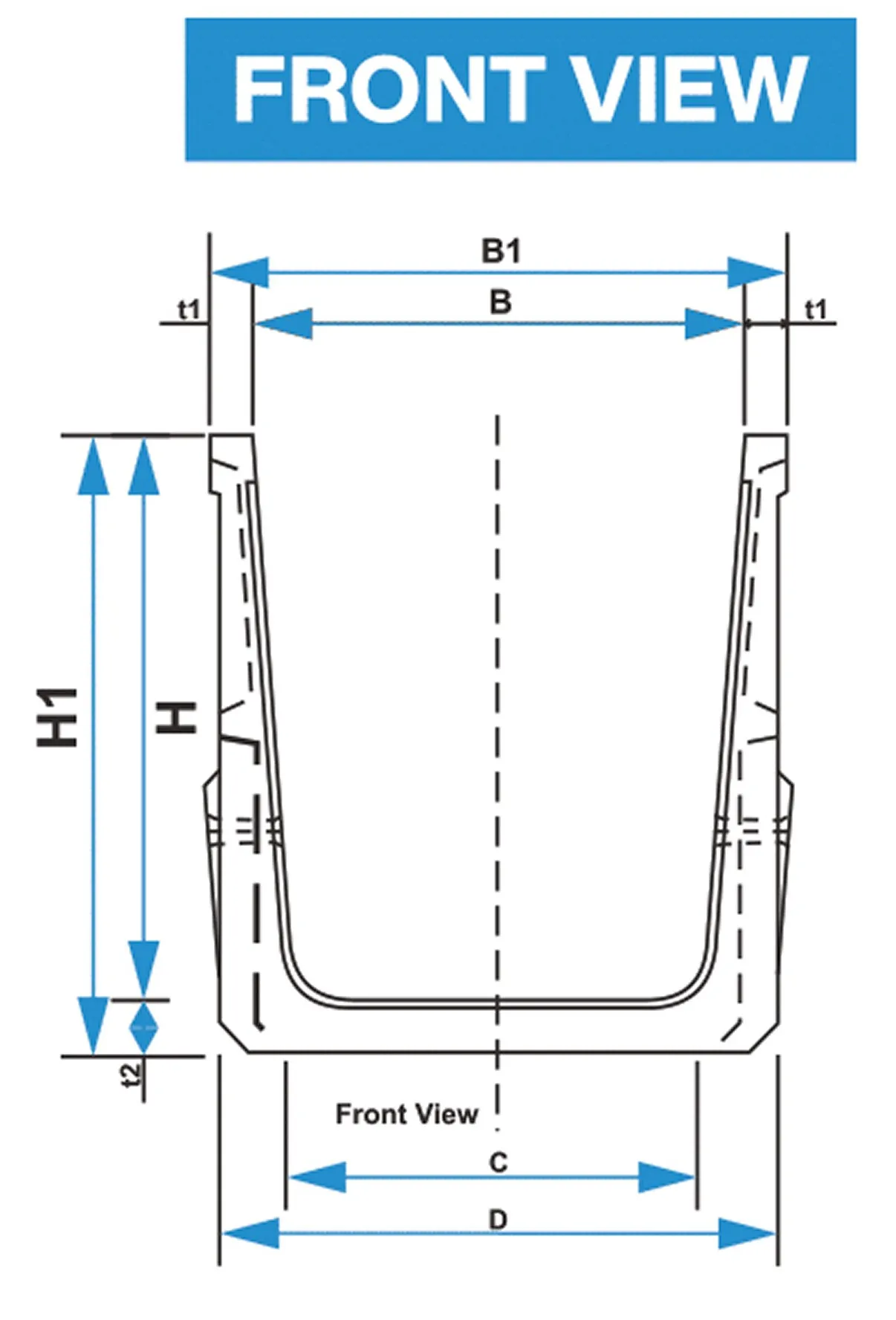 Front view — dimensions B1, B, t1 (top), H1, H, t2 (height) and C, D (bottom).