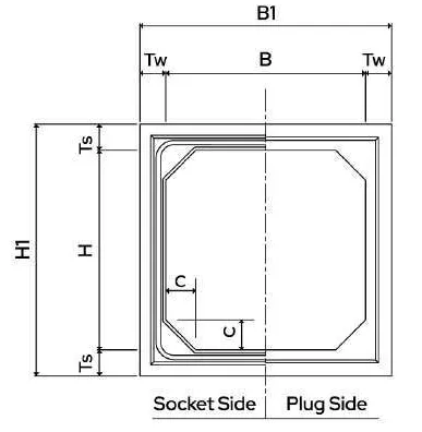 Front view: inner opening B × H, outer size B1 × H1, side wall thickness Tw, slab thickness Ts and internal corner haunch C. Left half shows the socket side, right half the plug side.
