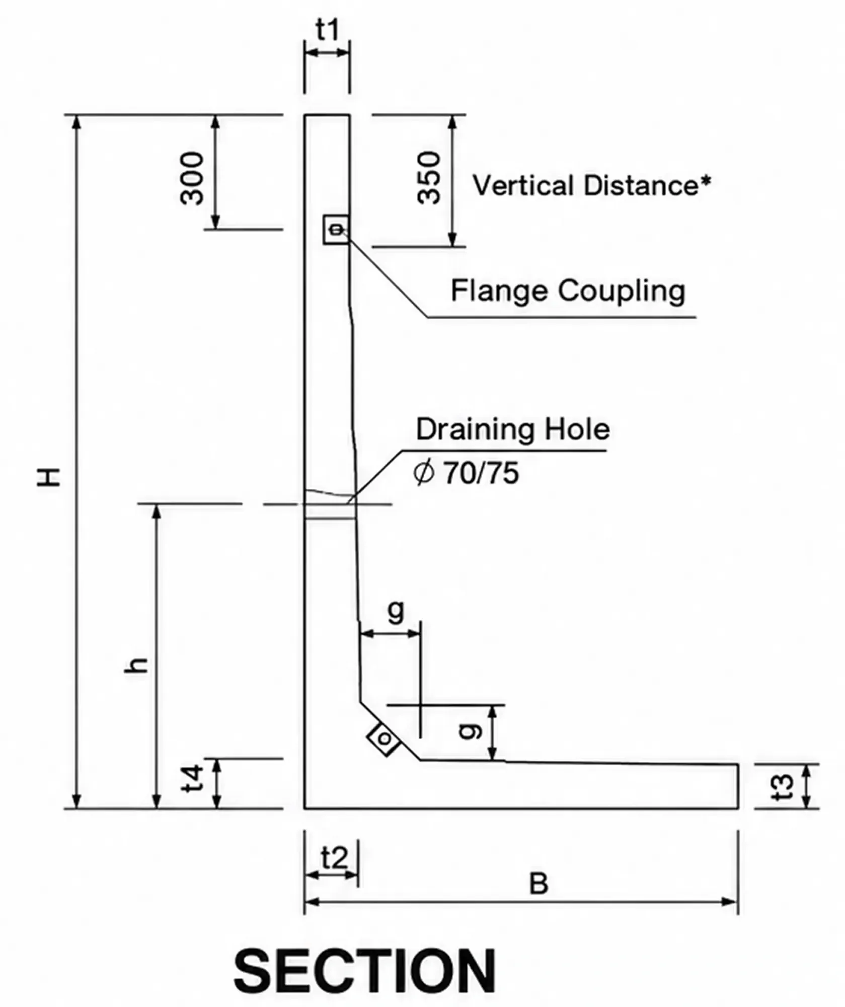 Section, tapered profile (stem tapers from t1 at the top to t2 at the base; base slab from t4 at the stem to t3 at the heel): a 300 dimension and a 350 "Vertical Distance*" dimension from the top of the stem, the flange coupling, the Ø70/75 draining hole at height h, and haunch g.
