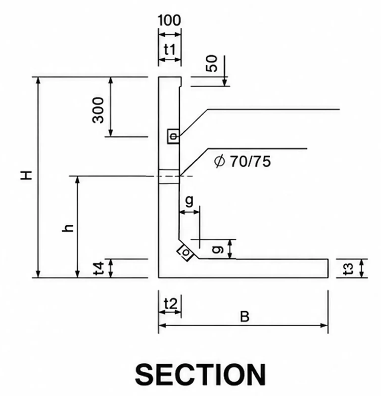 Section, uniform profile (stem t1 = t2, base t3 = t4): H, h, B, t1–t4, haunch g, Ø70/75 draining hole, flange coupling symbols, a 300 dimension from the top of the stem, and the 100 / 50 marks at the top of the stem.