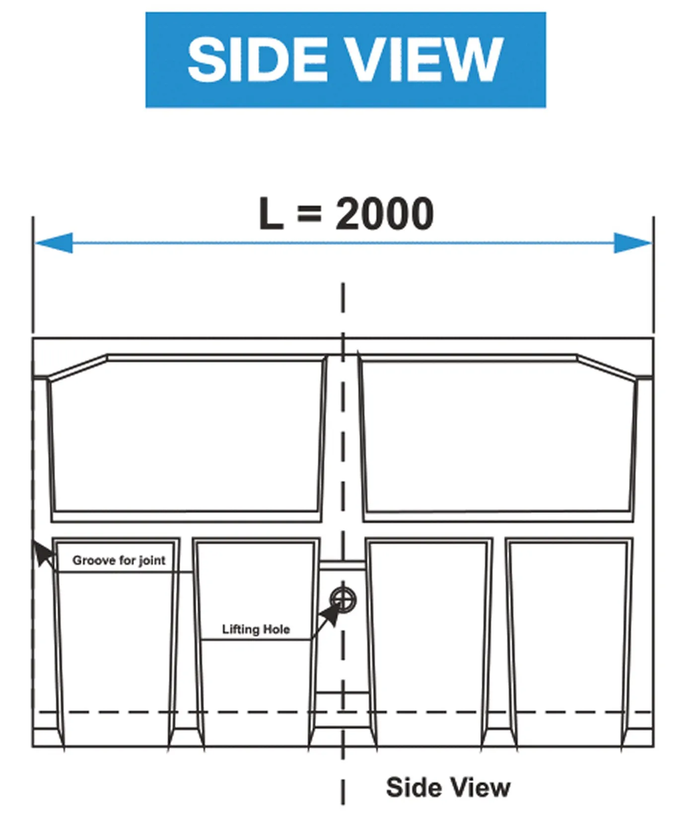 Side view — unit length L = 2000 mm, groove for joint at the end faces and central lifting hole.