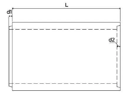 Side view: unit length L, with the joint offsets d1 and d2 at the two ends.