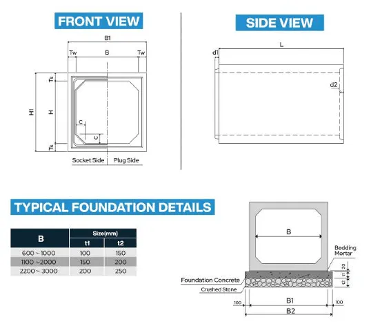 Front view, side view and the Typical Foundation Details table and section.