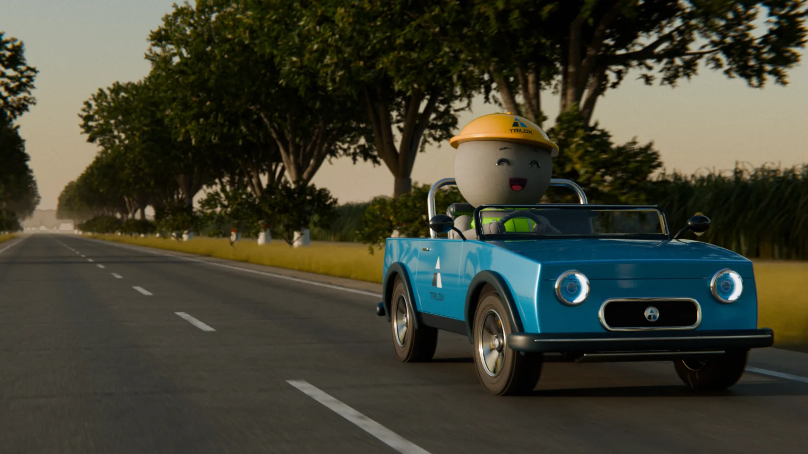 The Trilok mascot driving a blue Trilok car along a tree-lined road at golden hour